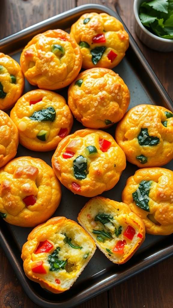 Savory egg muffins with bell peppers and spinach, arranged on a wooden table.